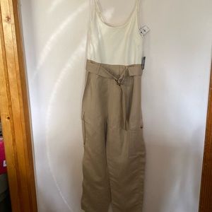 EXPRESS Belted Jumpsuit Cream Spaghetti strap Top w beige pants Size Small